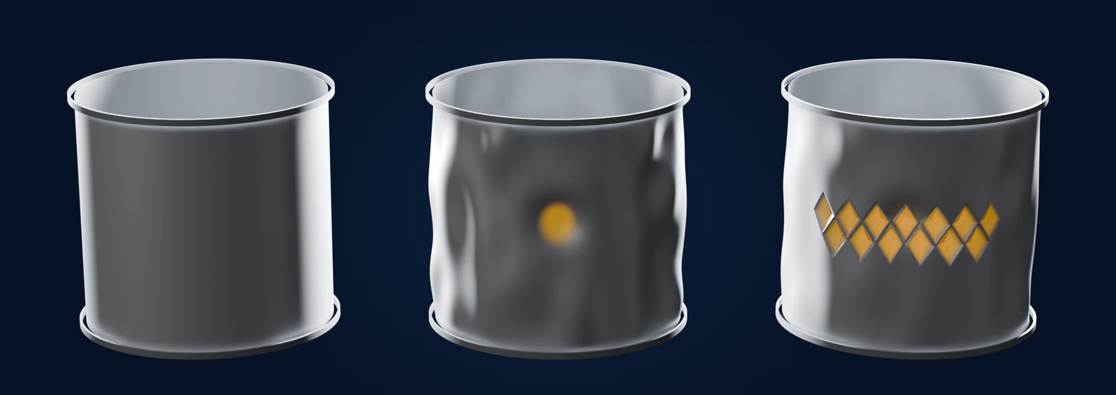 Schematic: the same thin-walled cylinder three times. As designed it is perfect; as built it carries an amplified imperfection with one deepest dimple; at collapse a crescent of diamond-shaped buckles has formed from that dimple.