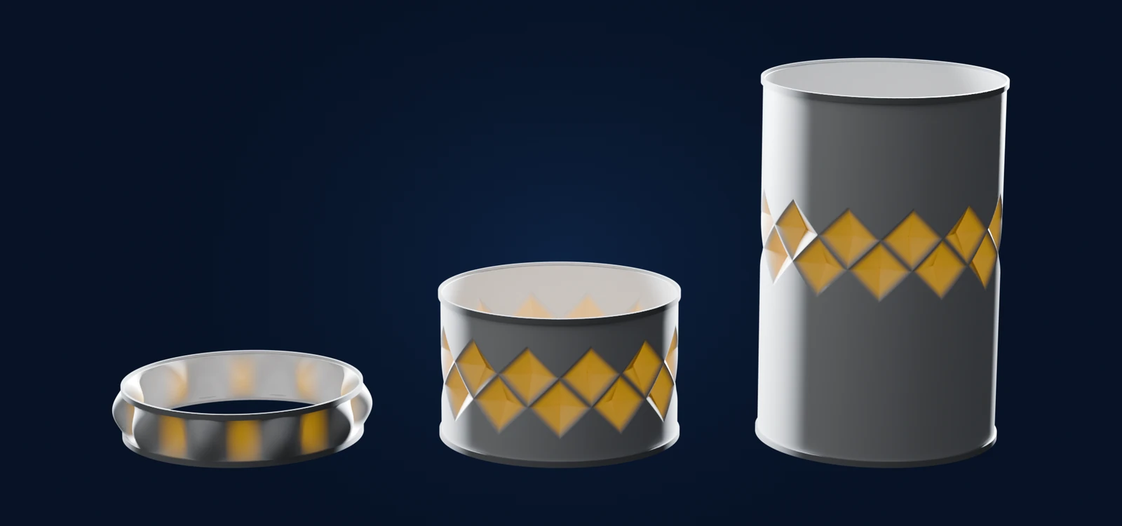 Schematic: three cylinders with the same radius and wall but increasing length. The short one buckles in lobes that span its whole height, the intermediate one in rows of diamond-shaped dimples, the long one in a single local band while the rest of its length stays smooth.