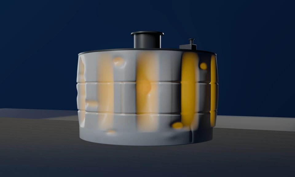 Schematic buckling pattern in a suction-bucket skirt: lobes from the lid down to the mudline, the buried band still round